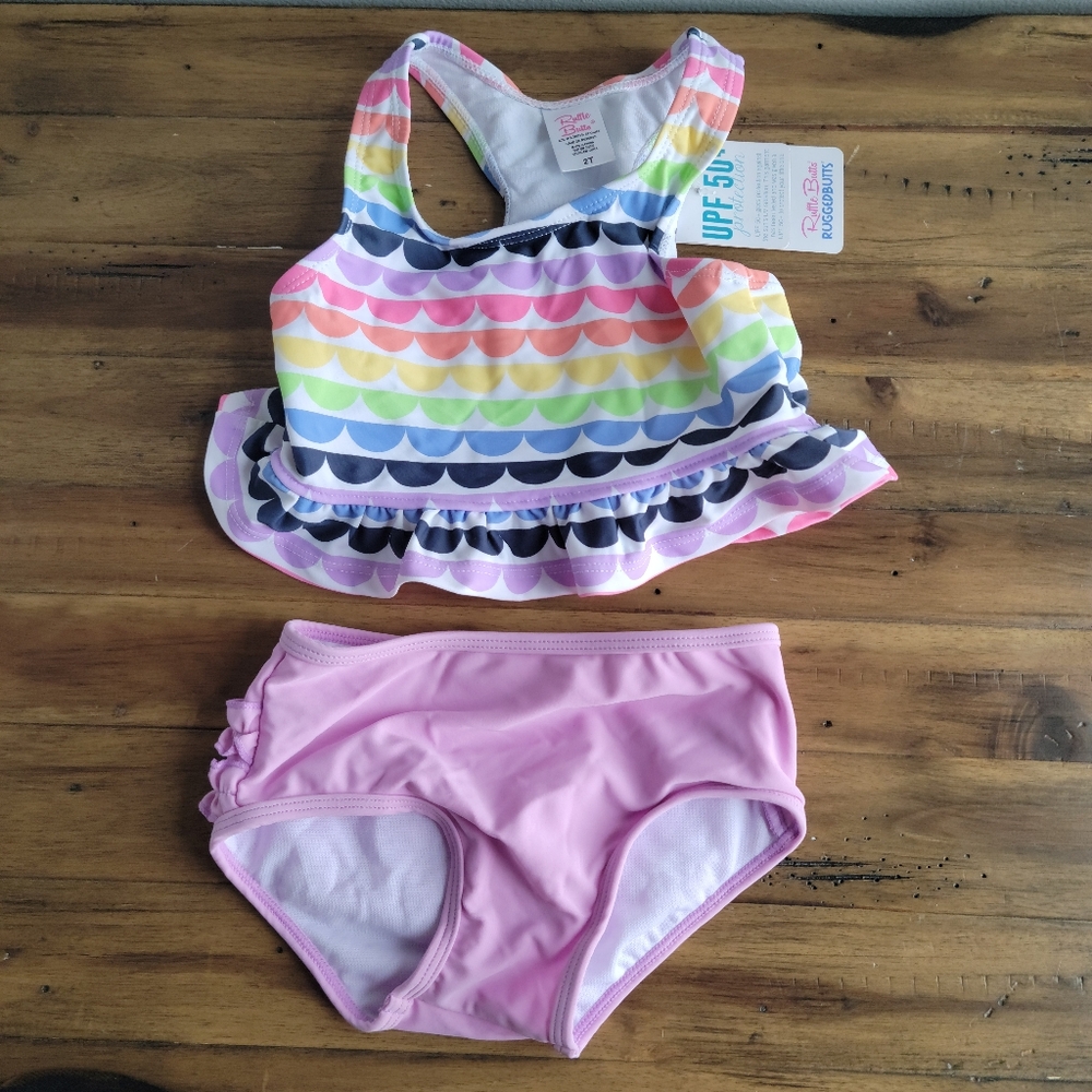 NWT RuffleButts Girls 2T Peplum Tankini Swim ~ Rainbow Scallop